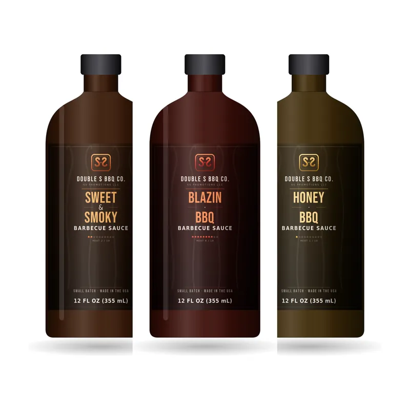All three Double S BBQ Co. sauces — Sweet & Smoky, Stoten's Blazin, and Sieveking's Honey